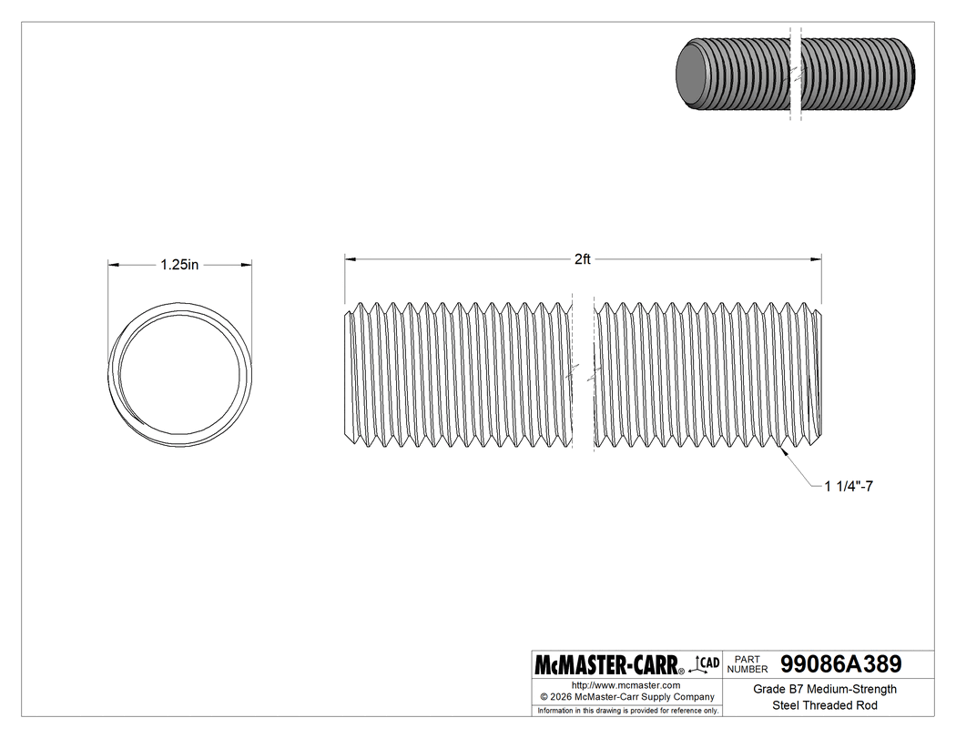 Technical Drawing of Grade B7 Medium-Strength Steel Threaded Rod, Zinc Yellow-Chromate Plated, 1-1/4"-7 Thread Size, 2 Feet Long.